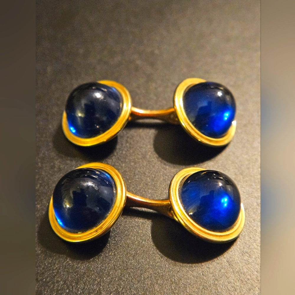 Vintage/Antique KREMENTZ Rolled Gold Blue Cabachon Bar Cufflinks